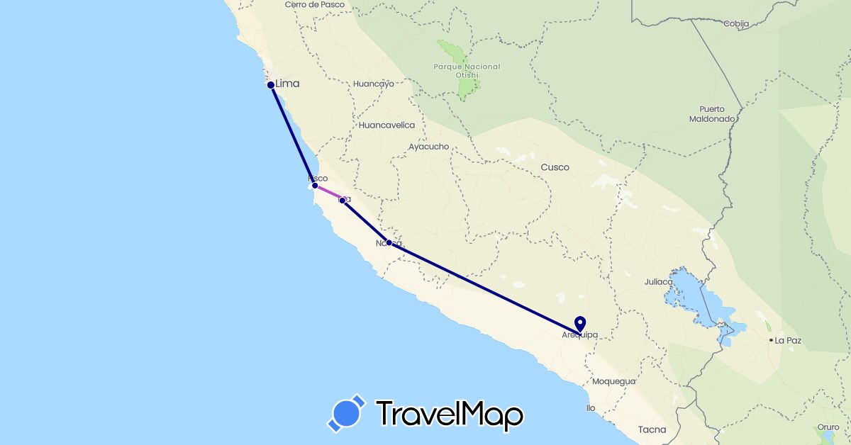 TravelMap itinerary: driving, train in Peru (South America)